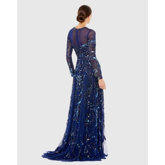 Mac Duggal Long Sleeve Embellished Illusion Evening Gown 12 Maxi Dress 5217 New - Picture 9 of 9